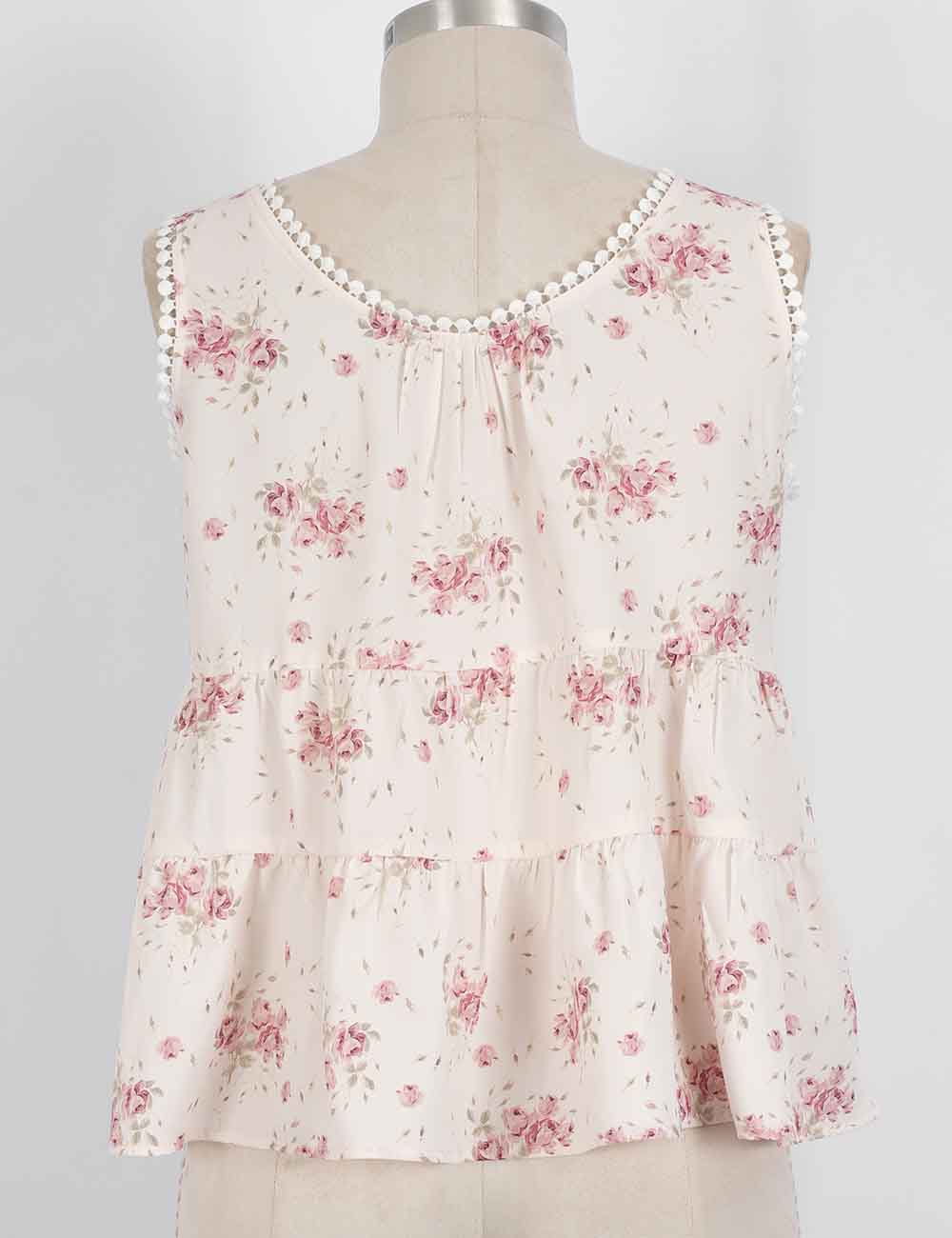 Ladies Boho Floral Print Tie Front Scoop Neck Sleeveless Top: Light Yellow / L