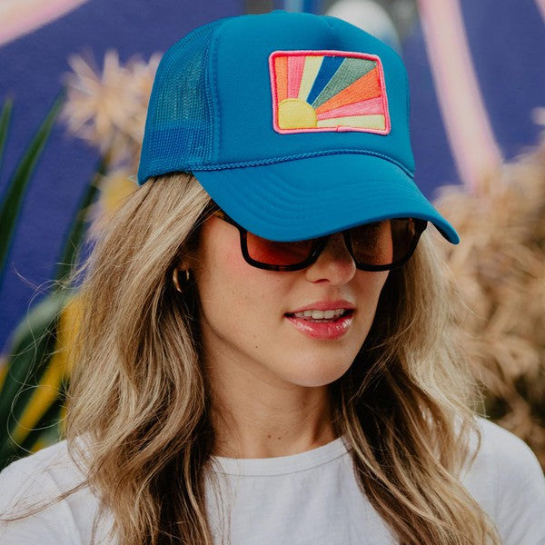 Bursting Sunshine Patch Foam Trucker Hat Blue