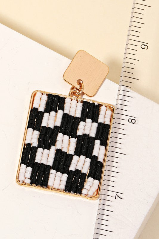 Checkered Bead Square Drop Earrings