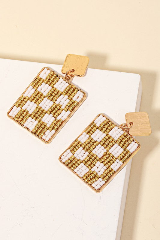 Checkered Bead Square Drop Earrings