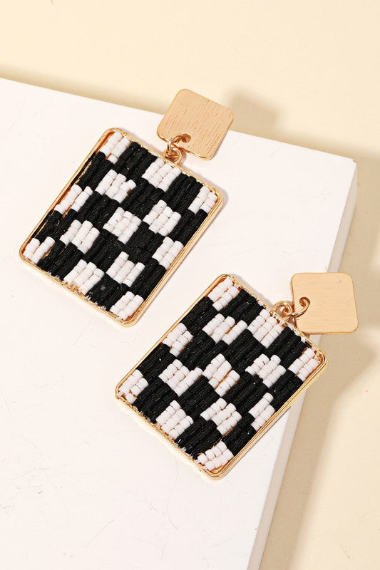 Checkered Bead Square Drop Earrings