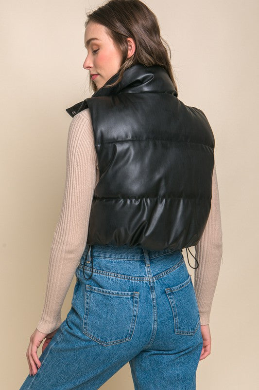 Black Faux Leather Snap Puff Vest