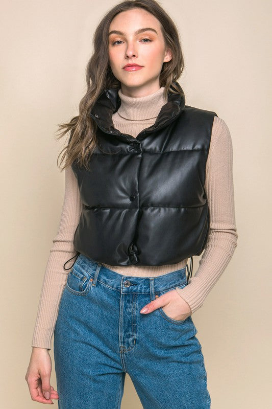 Black Faux Leather Snap Puff Vest