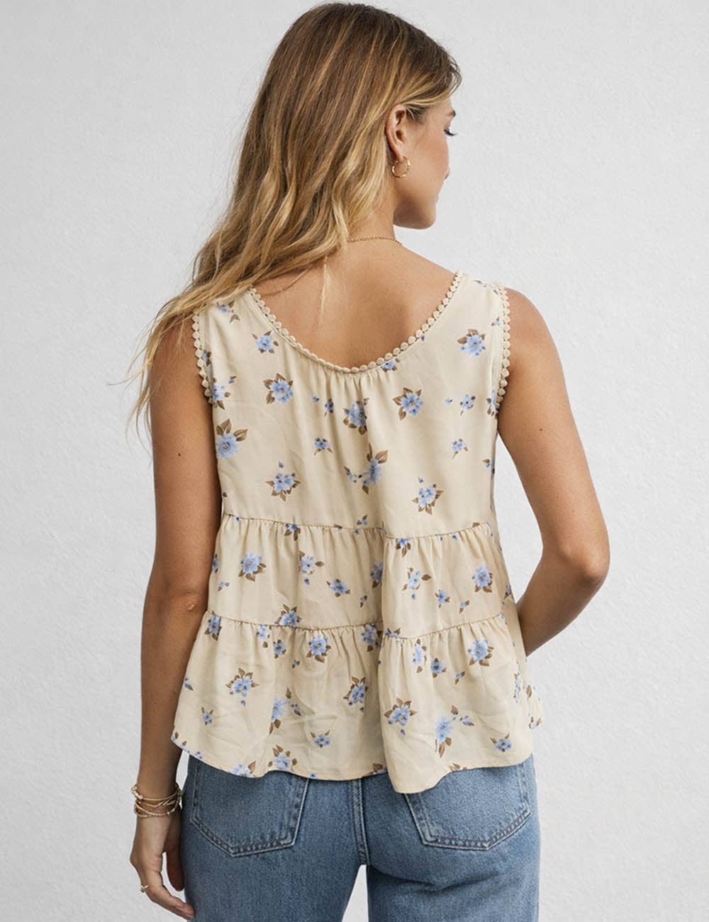 Ladies Boho Floral Print Tie Front Scoop Neck Sleeveless Top: Light Yellow / L