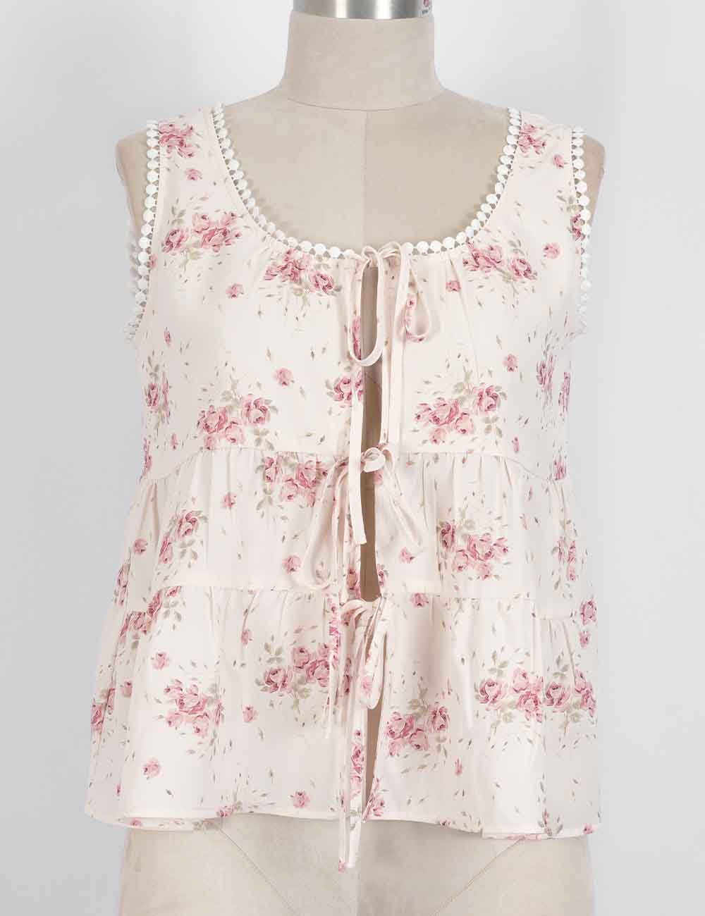 Ladies Boho Floral Print Tie Front Scoop Neck Sleeveless Top: Light Yellow / M