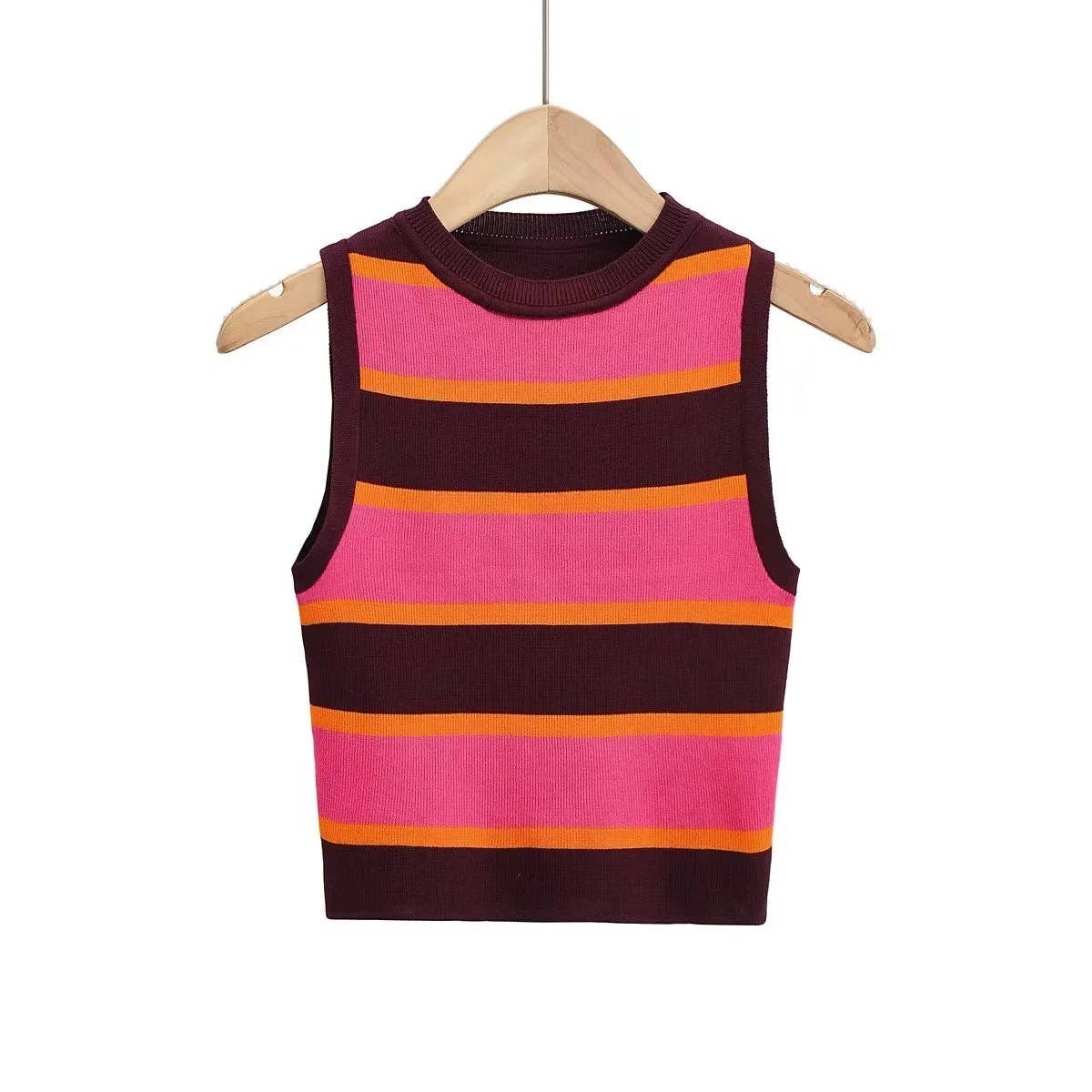Stripe Round Neck Close-Fitting Daily Knit Top C83614: C4 / S