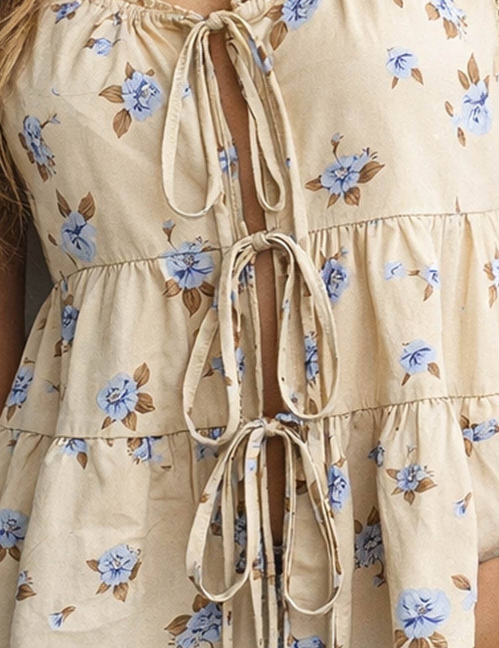 Ladies Boho Floral Print Tie Front Scoop Neck Sleeveless Top: Light Yellow / L