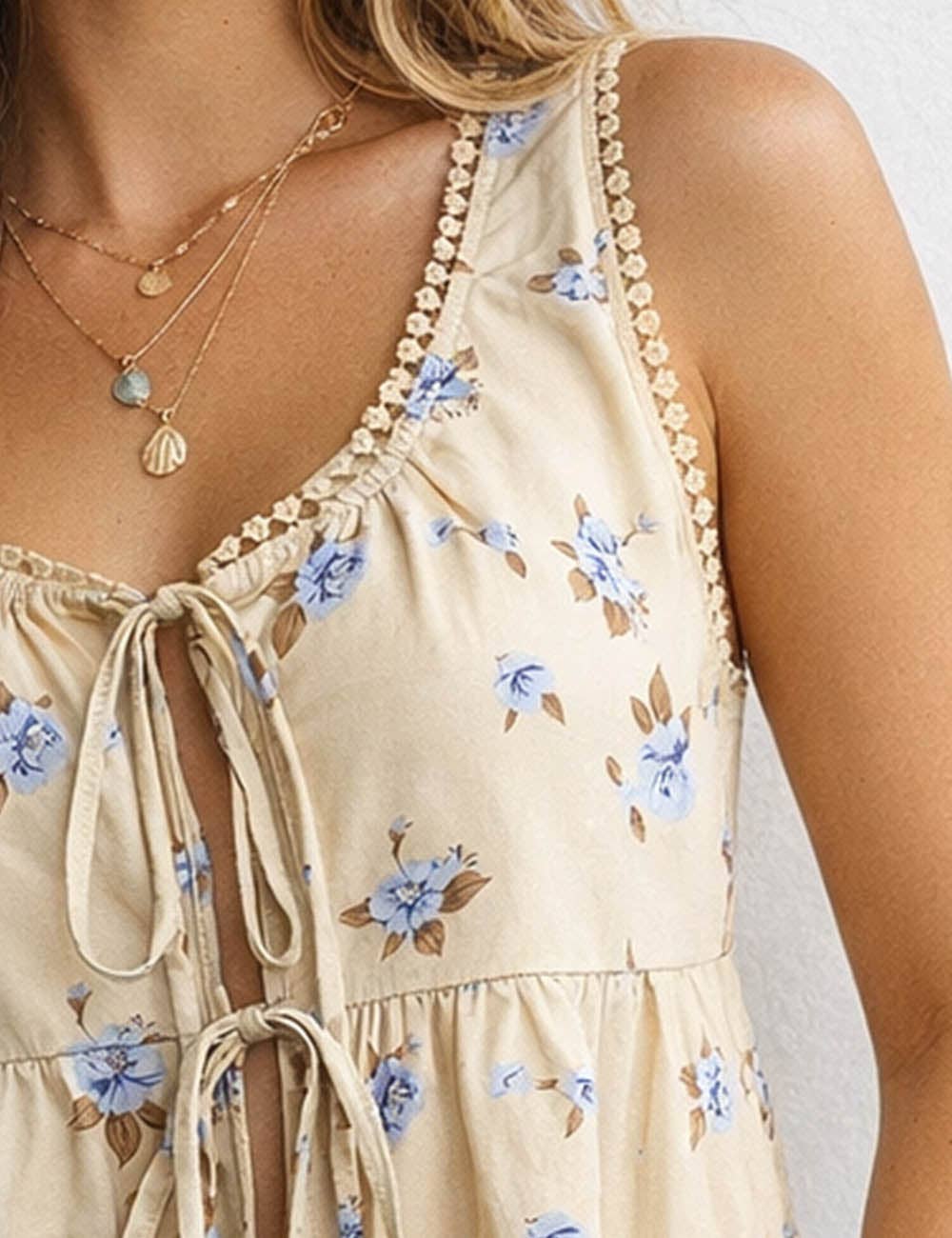 Ladies Boho Floral Print Tie Front Scoop Neck Sleeveless Top: Light Yellow / L