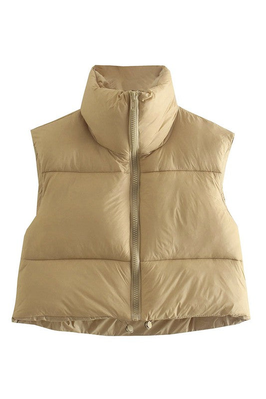 Collared Crop Puffer Vest - Khaki