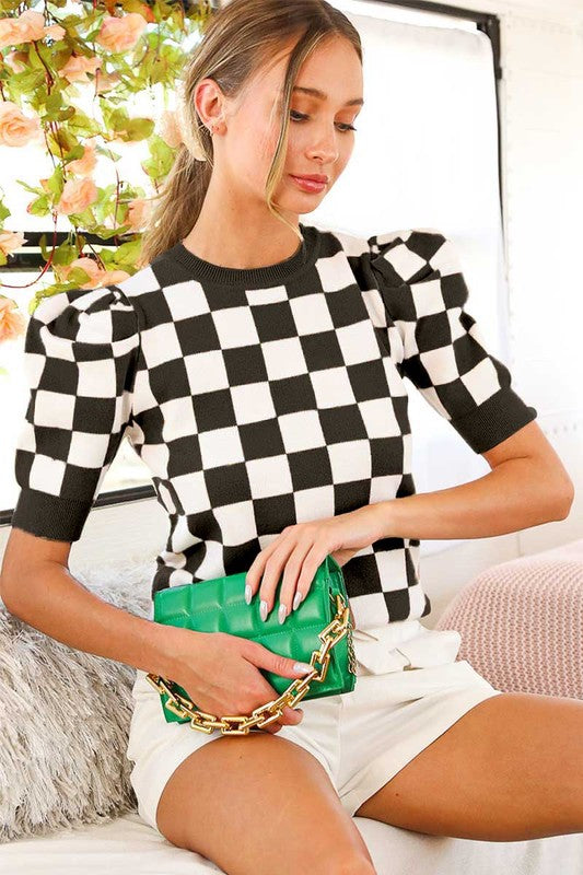 Checker Board Print Knit Top