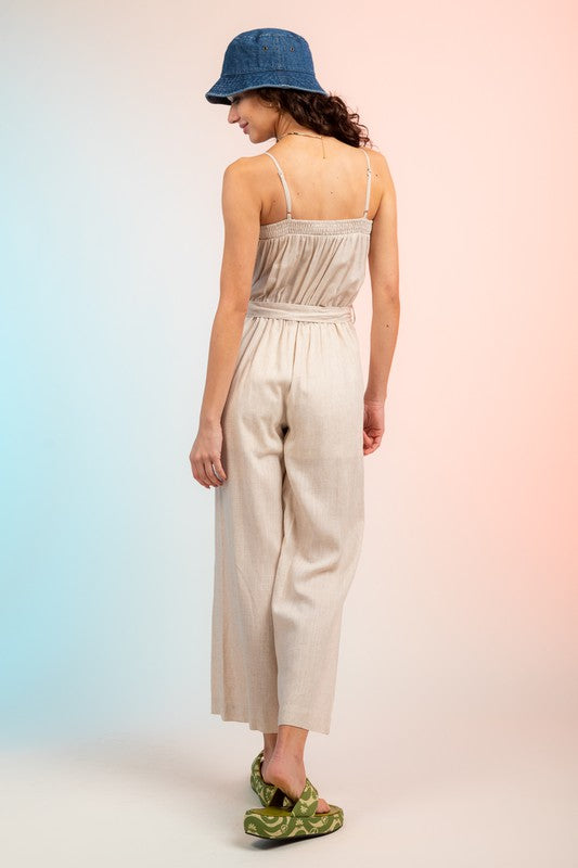 Oatmeal Sleeveless Belted Linen Jumpsuit w/ Pockets