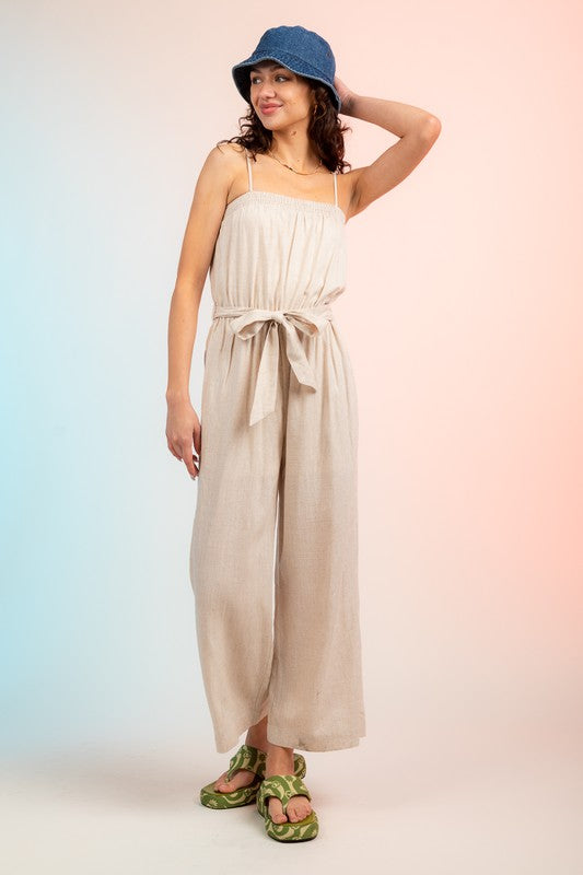 Oatmeal Sleeveless Belted Linen Jumpsuit w/ Pockets