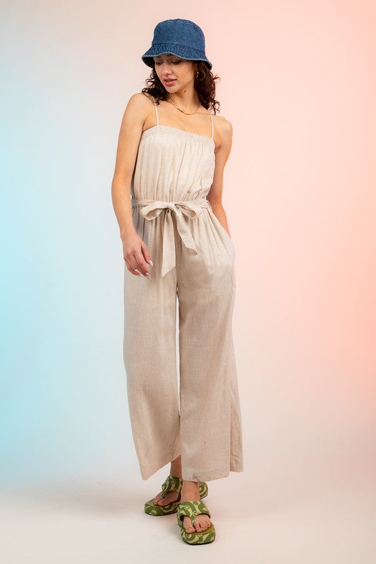 Oatmeal Sleeveless Belted Linen Jumpsuit w/ Pockets