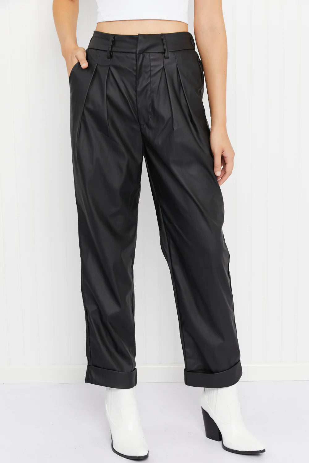 Vegan Leather Front Pleat Pants