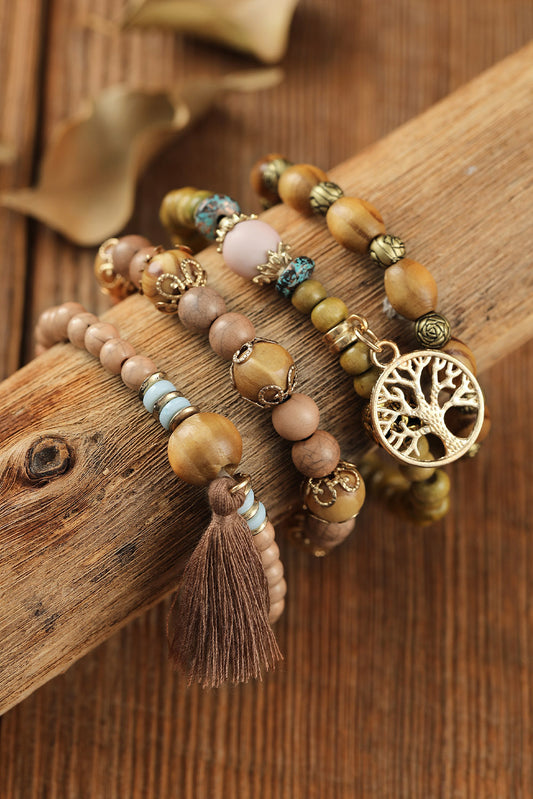 Brown Multi Layered Pendant Fringed Beaded Bracelet Stack