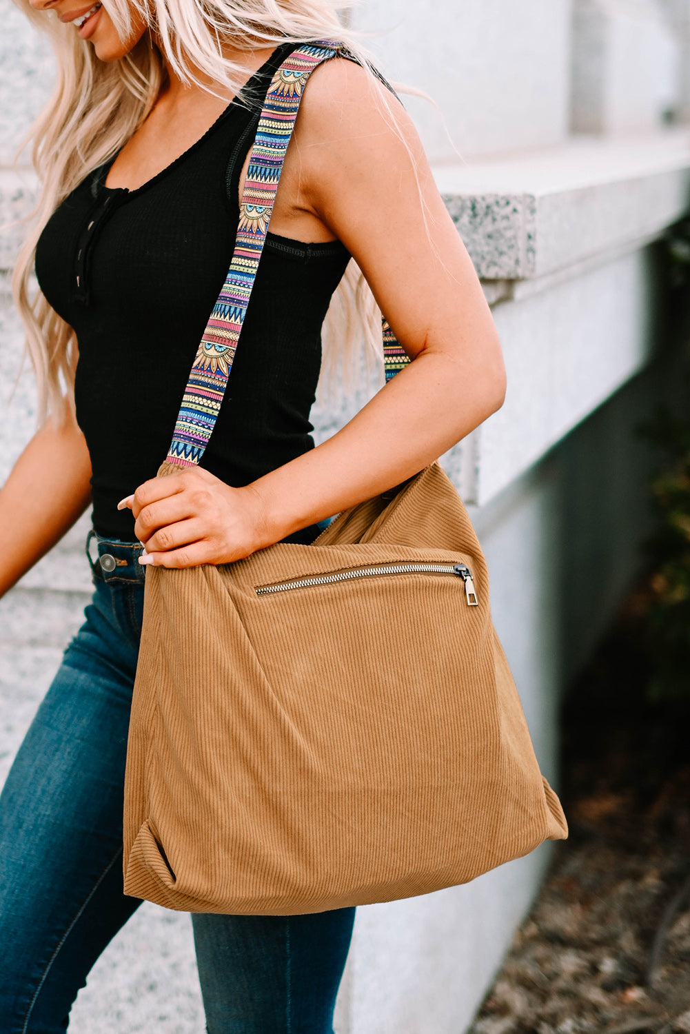 Brown Boho Print Straps Corduroy Cloth Bag