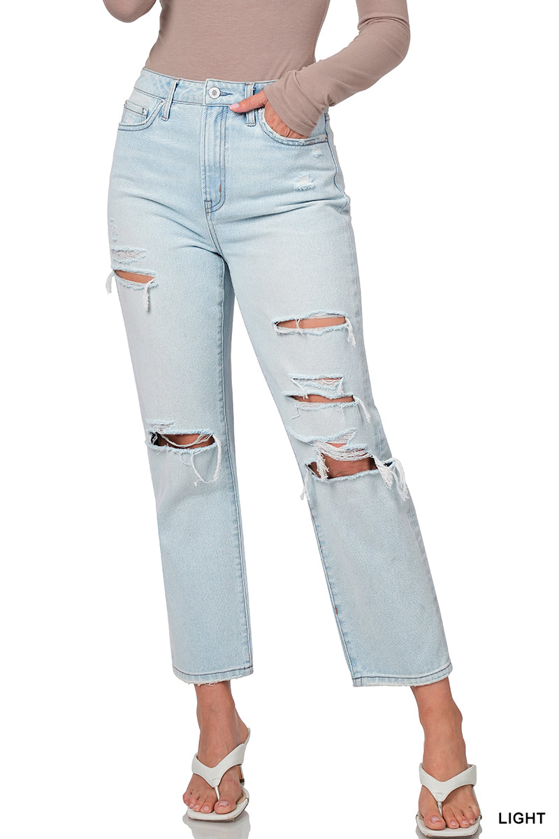 Cassy High Rise Straight Distressed Denim