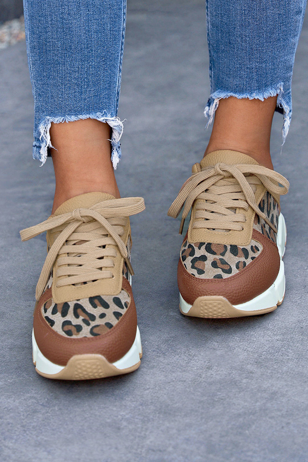 Leopard Faux Leather Lace Up Sneakers Shoes