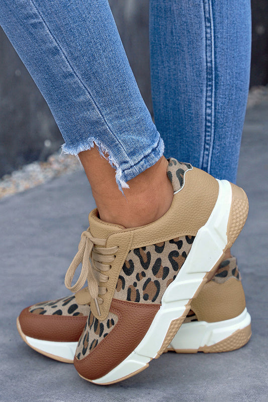 Leopard Faux Leather Lace Up Sneakers Shoes