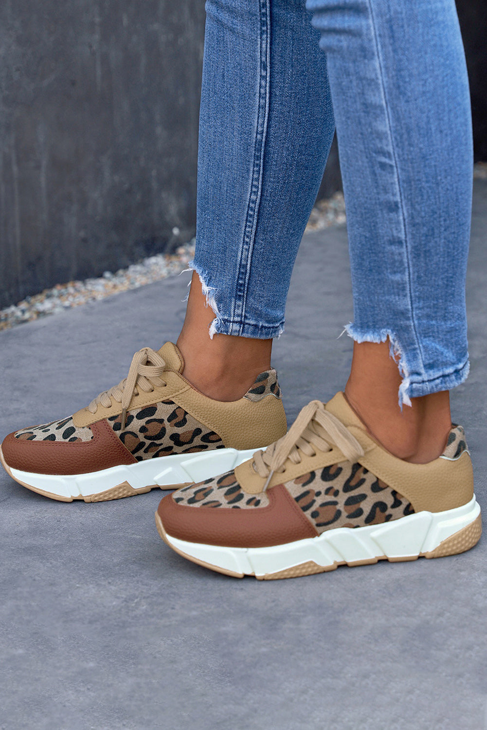 Leopard Faux Leather Lace Up Sneakers Shoes