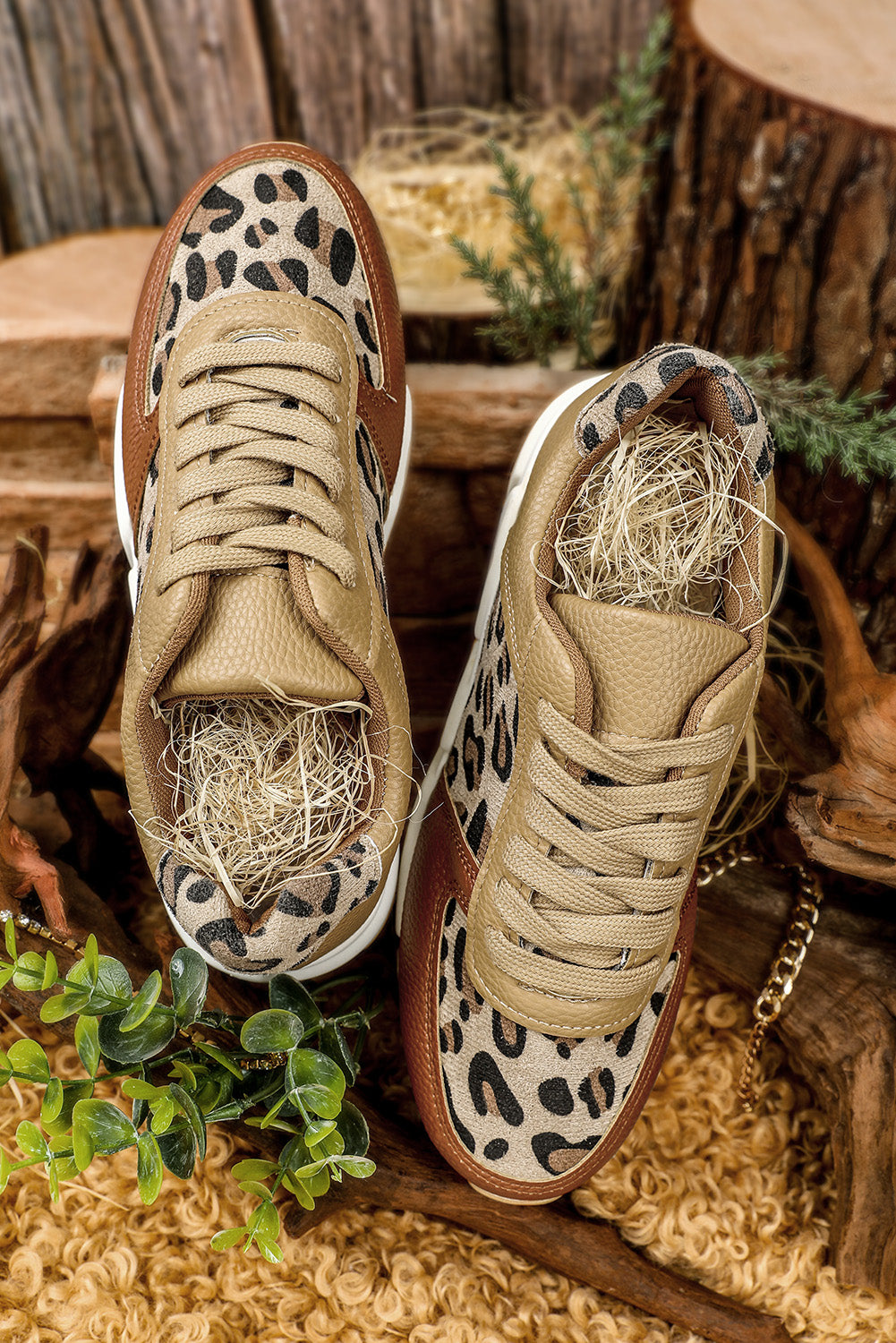 Leopard Faux Leather Lace Up Sneakers Shoes