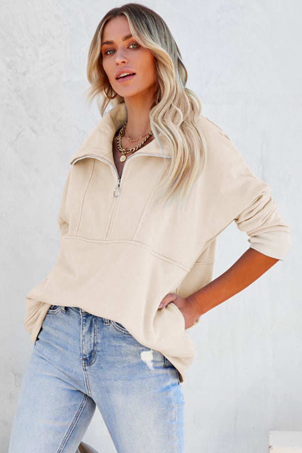 The Stacy - Beige Half Zip Collar Sweatshirt with Pockets