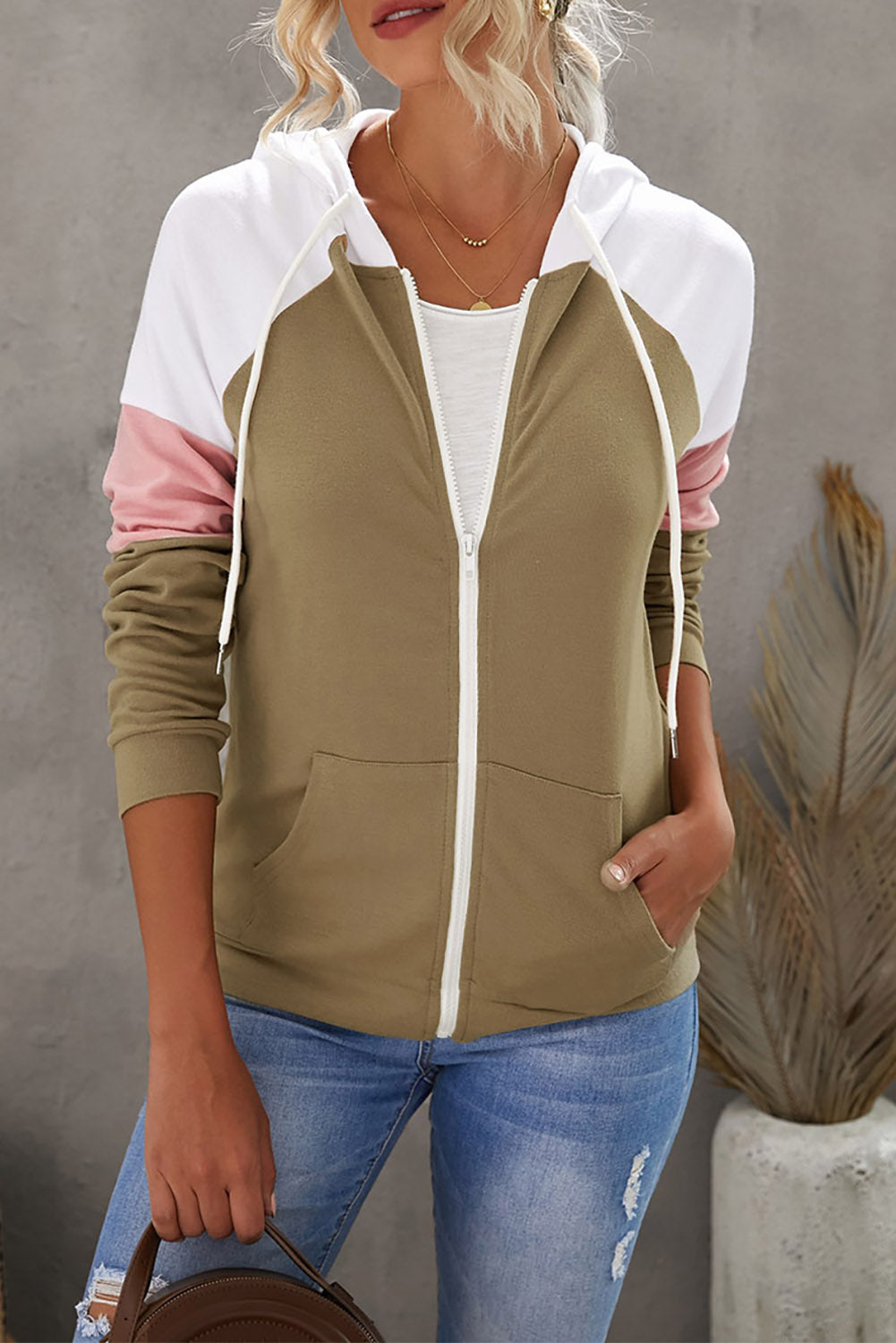 Khaki Color Block Zip Up Kangaroo Pocket Drawstring Hoodie