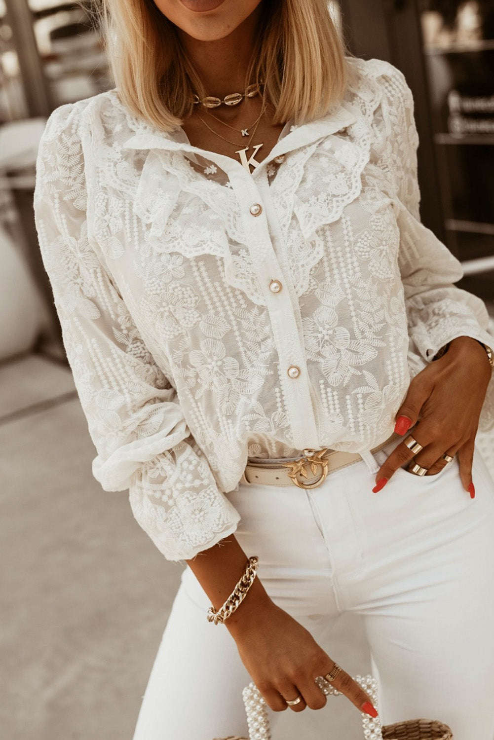 White Lace Embroidered Ruffled Shirt