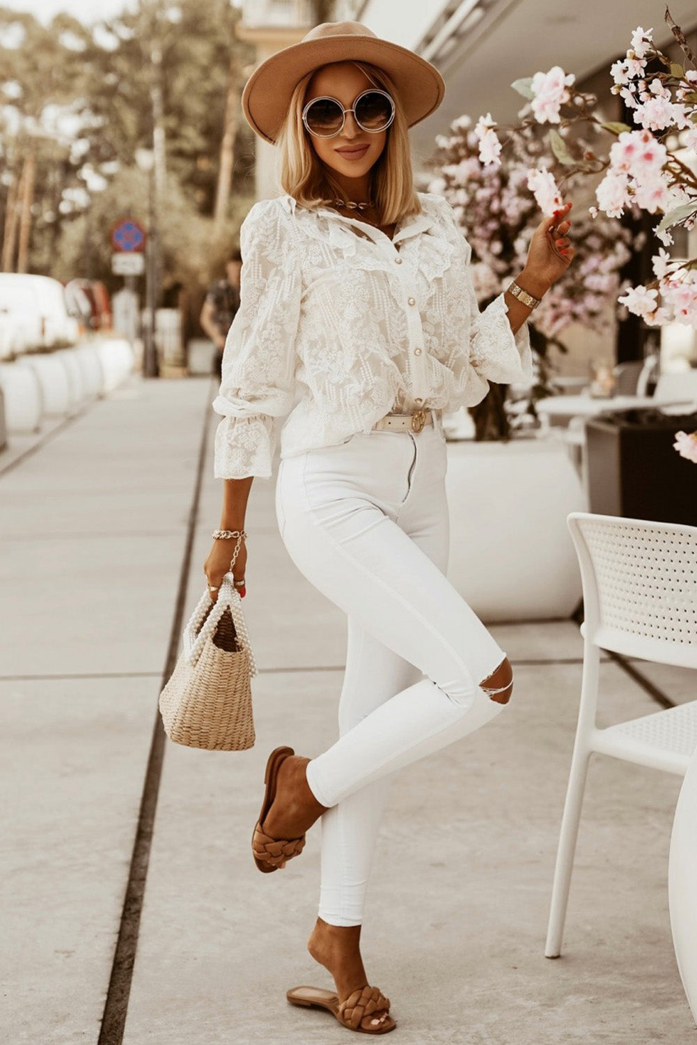 White Lace Embroidered Ruffled Shirt