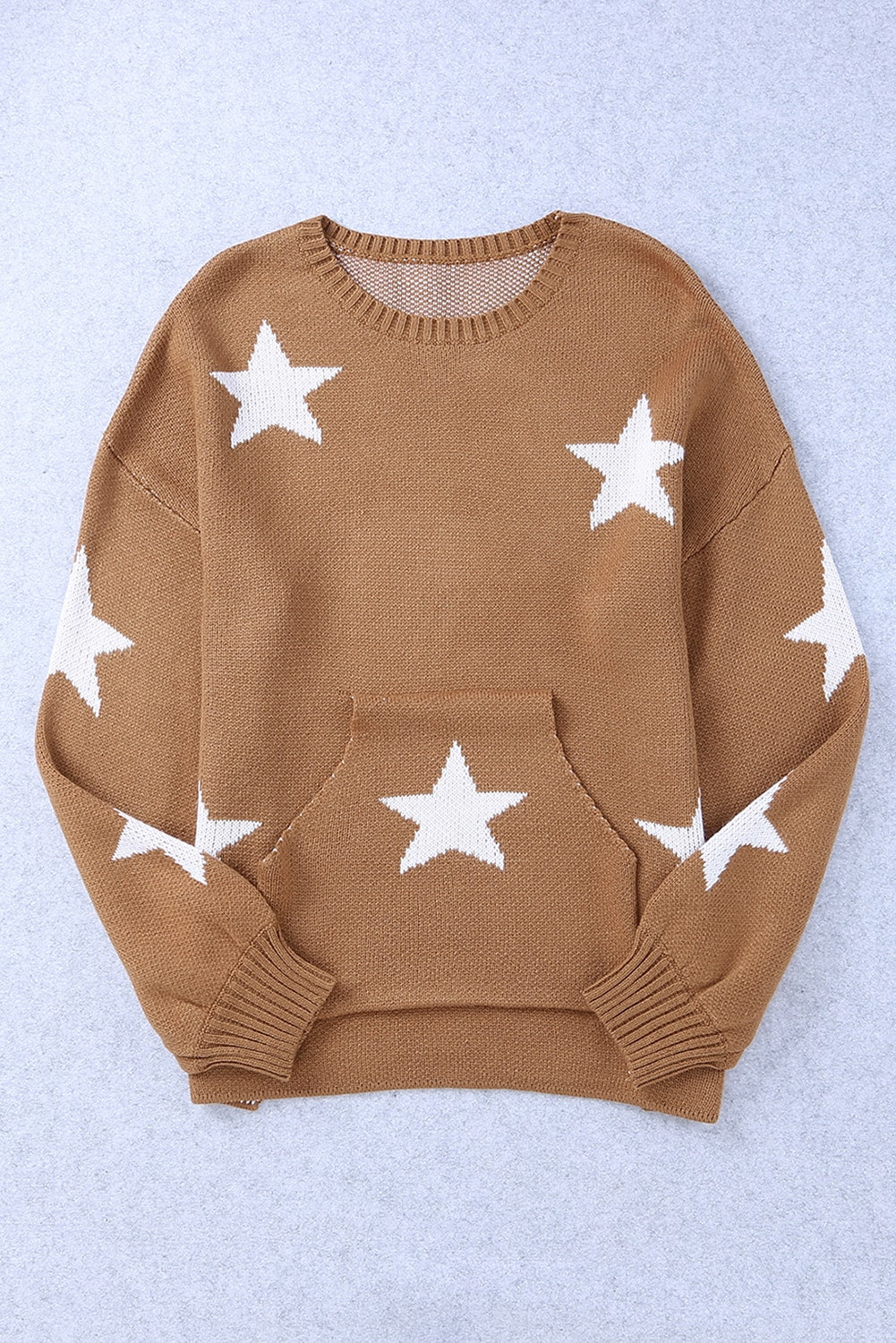 Brown Stars Kangaroo Pocket Pullover Sweater