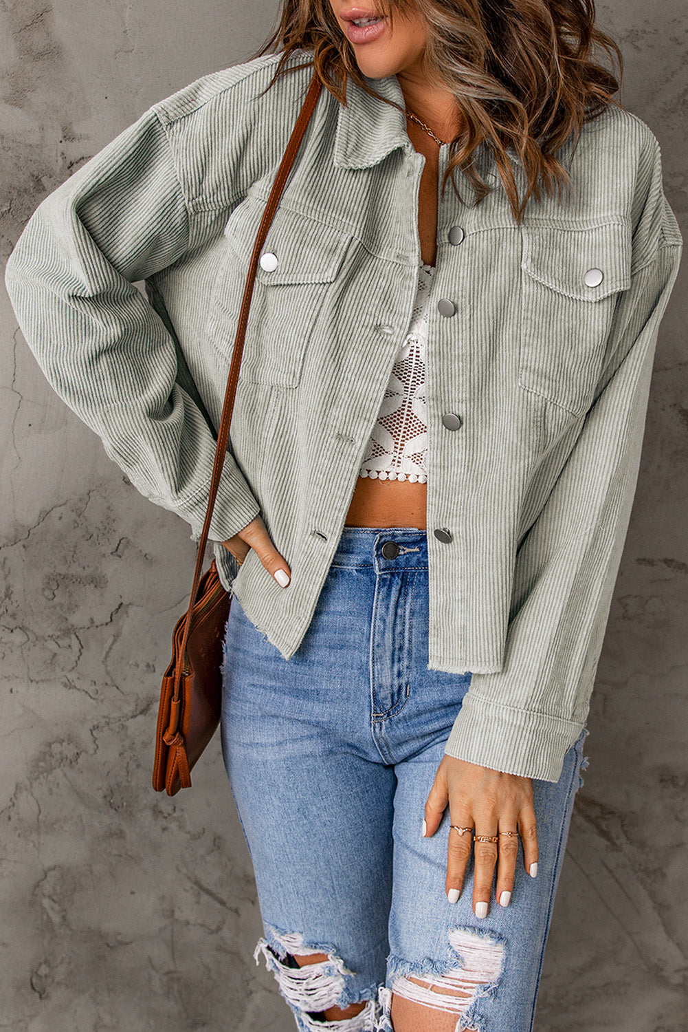 Sea Green Raw Hem Cropped Corduroy Jacket