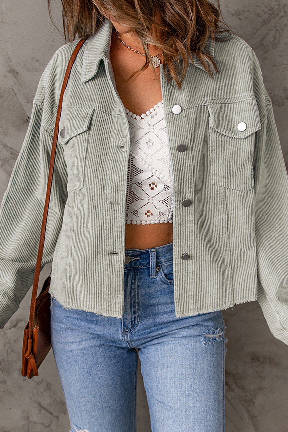 Sea Green Raw Hem Cropped Corduroy Jacket