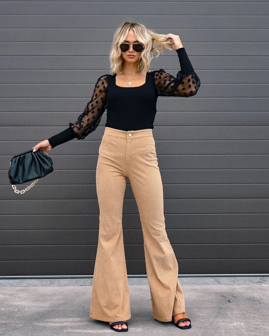 Tan High Rise Flared Pants Cordoroy