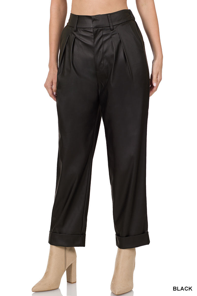 Vegan Leather Front Pleat Pants