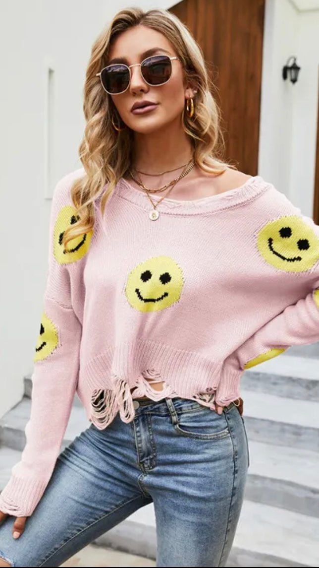 Smile Always Distressed Knit Sweater - Pink or Gray