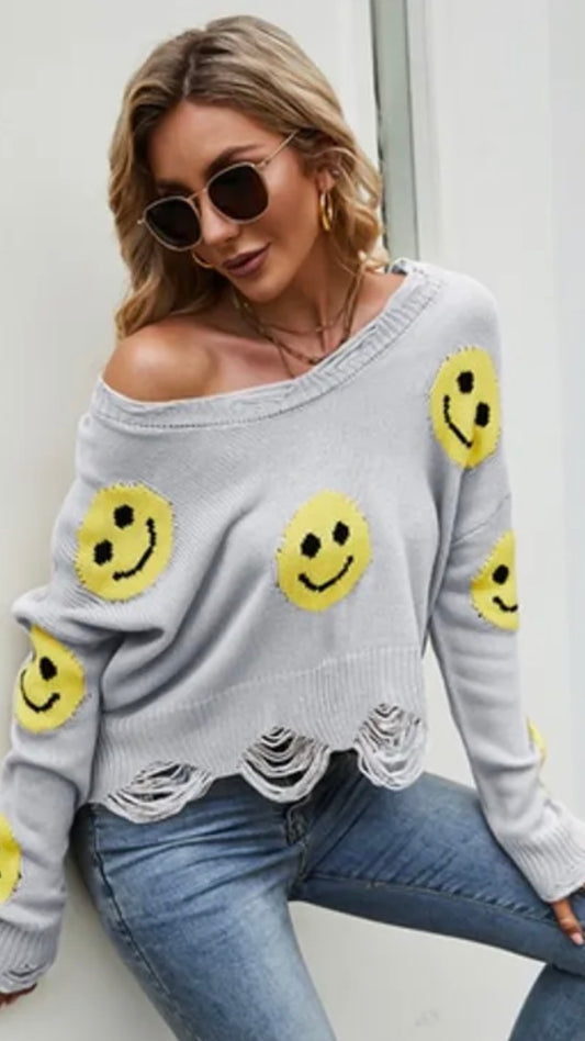 Smile Always Distressed Knit Sweater - Pink or Gray