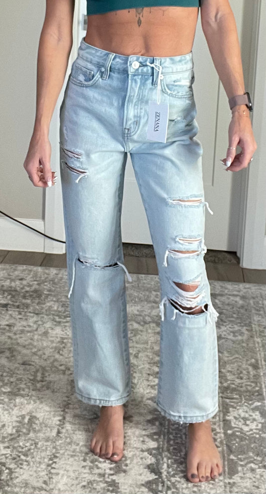 Cassy High Rise Straight Distressed Denim